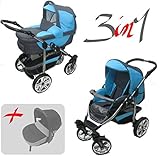  Jackmar  Gestell in Weiß  Hartgummireifen in Chrom & Schwarz  3 in 1 Kinderwagen Megaset (12 Teile)  Farbe: Graphit & Türkis