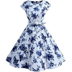 Dressystar Aupuls AUP1956 Vestido De Retro Vintage 50s con Manga Corta Y Cinturón para La Baile Fiesta Azul Blanco XL