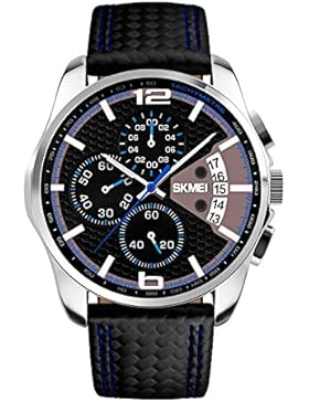 VOEONS Herren-Armbanduhr Leder Analog Quarz Kalender Chronograph 5ATM Wasserdicht blau rot zweifarbig 0820-B