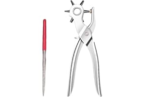 OTAIVE Anti-slip Leather Hole Punch+Hole Grinding Rod,Sturdy Durable Belt Holes Punches,Revolving Punch Plier with 6 Holes, Comfortable Heavy Duty Multi Sized Perforator for Belts,Card,Rubber(Silver)