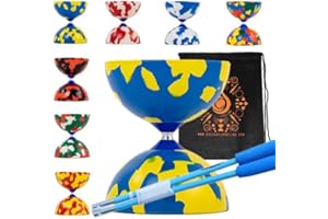 Juggle Dream Jester Diabolo Set with Fibre Sticks, Diabolo String - Pro Medium Rubber Diablo Set With Cascade Carry Bag (Blue and Yellow)