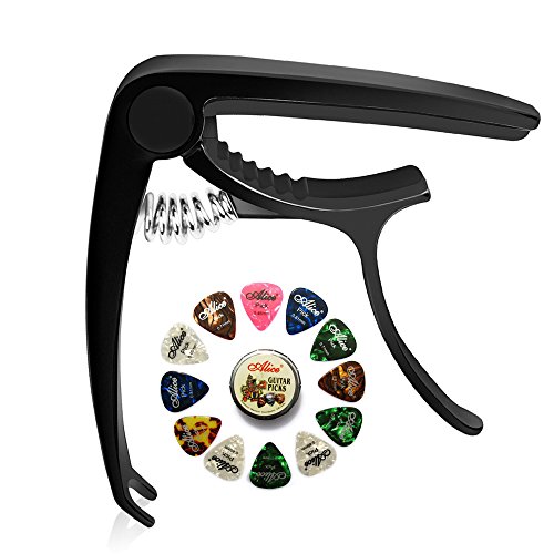 STARVAST Guitar Capo with 12 Pcs Guitar Picks for Guitar Acoustic and Electric, Ukulele, Violin, Banjo, Mandolin Bass, Single-handed Beginner Friendly- Black