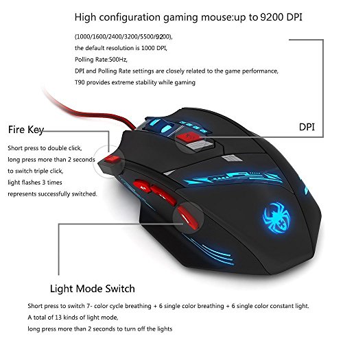 Zelotes T90 Profesional 9200 DPI Rat  n Gaming  8 botones dise  o  6 LED Color Opciones ajuste de peso Set alta precisi  n USB Al  mbrico rat  n para gamer pc mac negro 