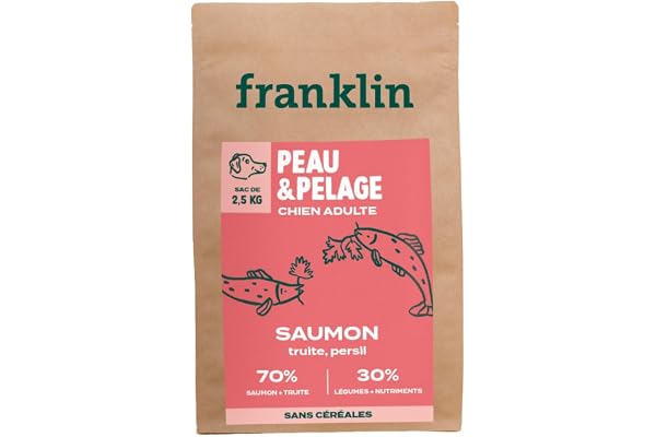 Franklin – Croquettes pour Chien – Gamme Protéinée – avec 70% de Saumon – Mono-protéine – sans Céréales – Peau et Pelage – Forme Triangle 11mm – 2,5 kg