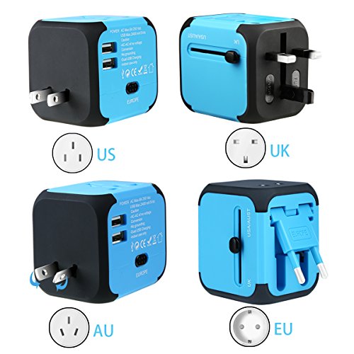 Universal Reiseadapter USB Ladegerät Ladeadapter für US UK AU EU multinationaler ladestecker universal Netzteil mit Dual USB und Schmelzsicherung (Blau)
