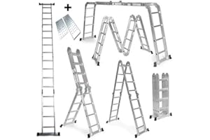 Grandmaster - Escalera De Aluminio Plegable 475cm, Escalera Multifuncional 6 En 1, Plataforma Incluida, Carga Máxima 150kg, Dise