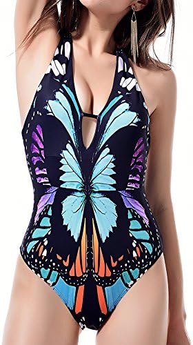 Blazar Women's Monokini Swimsuit Halter Neck Sexy Tummy Control Swimwear One Piece Swimming Suits Bathing Suits Costume With Butterfly Printing Black XL