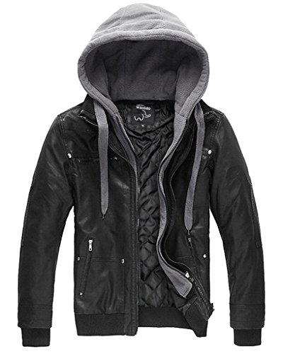 Wantdo Chaqueta Cuero PU para Hombre Capucha Removible XX-Large Negro Fina
