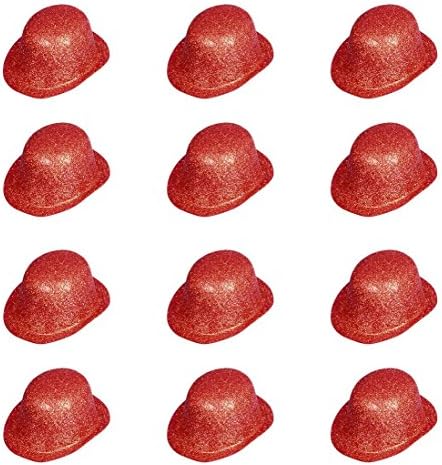 12 X Glitter Plastic Bowler Hats Various Colours (Red)