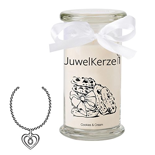 JuwelKerze, Duftkerze "Cookies & Cream" mit Silber-Schmuck-Überraschung (Halskette + Anhänger) im Wert von bis zu 250€