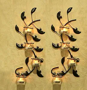 JaipurCrafts Long Set of 2 Decorative Wall Sconce with 8 Glass Cup Candle Holders and Bonus Tealight Candles (0.24