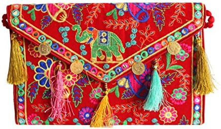 Handmade handbags-crossbody for women Cotton Elephant Embroidery coin work Ethnic Vintage bohemian Tribal Banjara Clutch Purse (red)