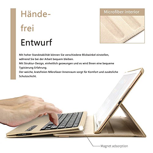 Ipad 9.7 Bluetooth Tastatur Hülle, Boriyuan 360 Grad drehbar Leder Case Schutz Tasche Cover mit Bluetooth Wireless Tastatur (Deutsche QWERTZ) keyboard case für Apple iPad 9,7 Zoll 2017 (Gold) - 4