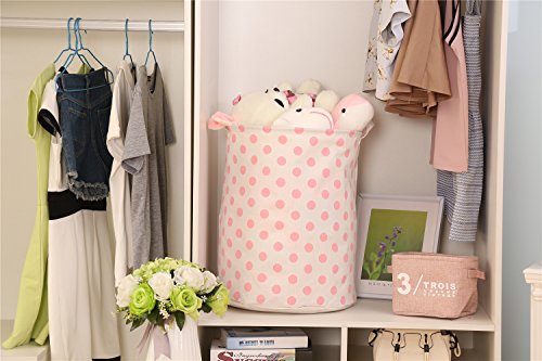 Sea Team 19.7″ Large Sized Waterproof Coating Ramie Cotton Fabric Folding Laundry Hamper Bucket Cylindric Burlap Canvas Storage Basket with Stylish Pink & White Polka Dot Design - 7