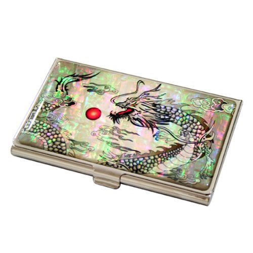 Mother of Pearl Black Red Dragon Ball Design Mens Business Credit Name ID Card Holder Case Metal Stainless Steel Engraved Slim Purse Pocket Cash Money Wallet