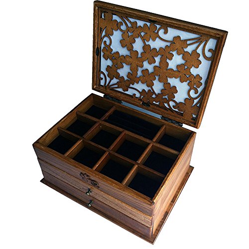 J-Roland Dreischicht Carvings Hohl Hart Holz Schmuckkasten Schmuckkoffer Schmuckkästchen Schmuckschatulle Vitrine Holz mit Samt
