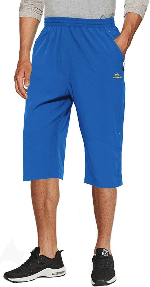 TACVASENMen's Quick Dry 3/4 Length Shorts Lightweight Long Shorts Elastic Waist Cropped Trousers with Zip Pockets
