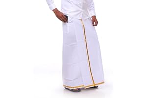 Stylesindia Baumwolle Dhotis für Herren mit goldener Zari-Bordüre,Weißer verstellbarer Dhoti mit Tasche, Weiss/opulenter Garten, Einheitsgröße