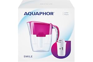 ‎AQUAPHOR AQUAPHOR Wasserfilter Smile Cyclamen inkl. 1 A5 Filter mit Magnesium I Reduziert Kalk & Chlor I Karaffe für 2,9l I Kompakter & leichter WasserfiIter I Tischwasserfilter I Passt in die Kühlschranktür