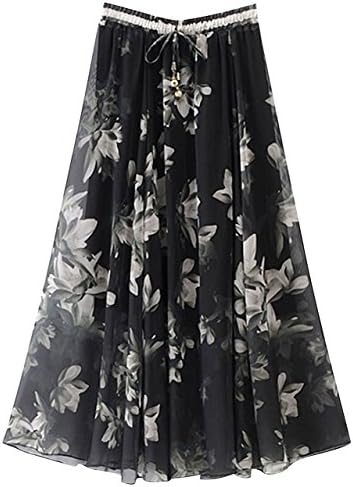 Womens Summer Long Skirt Chiffon Stretch Skirt Pleated Beach Skirt Floral Printed Maxi Skirt