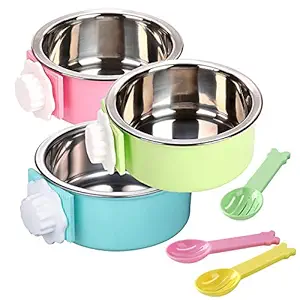 kathson Crate Dog Bowl, Stainless Steel Removable Hanging Cage Food Bowl Pet Food Spoon & Water Feeder Bowls Coop Cup?for Puppy Cat Bird Rabbit?3 PCS?