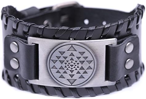 EUEAVAN Hindu Sri Yantra Mantra Meditation Symbol Braided Wide Leather Wristband Bracelet