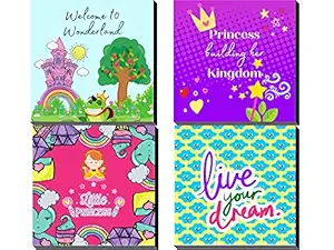 DecoDrama Baby Girl Room Decor with Quotes Fairytale Framed on 6mm MDF Board, Multicolour, Size 7.5x7.5inches Each, Set of 4