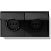 BSEED Wall Plug with Waterproof Cover, PC Double Recessed Socket with Hooks, Black 2 Gang Sockets, 150 x 80 mm