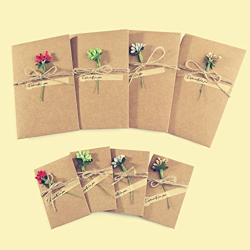 ZeWoo 8 Pcs Tarjeta de Felicitación, Papel Kraft Retro Hecho a Mano, Sobres en Blanco, Flores Secadas Postal Decorada para Persona Especial y Ocasión Importante