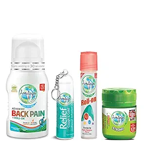 KICK OUT PAIN COMBO 2- Amrutanjan Back Pain Roll on 50 ml, Faster Relaxation Roll on 10 ml, Relief Nasal Inhaler and Strong Pain Balm Double Power 8 ml
