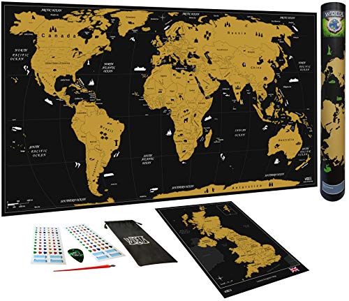 WIDETA Carte du monde à gratter XXL (82 x 43 cm) + autocollant + stylo à gratter