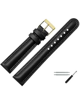 Uhrenarmband 18mm Leder Schwarz Mit Naht, Bombiert - Inkl. Federstege / Werkzeug - Uhren Ersatzarmband Aus Echt...