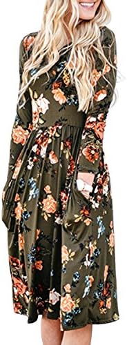 Women's Long Sleeve Floral Pockets Casual Swing Pleated T-shirt Dress