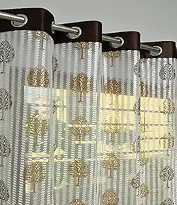 JYOTAKSH Heavy Polyester Fancy Printed Transparent Net Curtain | Beautiful Striped Eyelet Tissue Sheer Curtains for Bedroom Living Room and Office| (4Feet x 7Feet(1 Piece), Coffee-Tree)