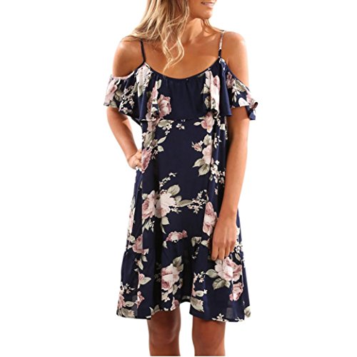 Preisvergleich Produktbild Damen Abendkleid Maxikleid, Damen Party Club Kleider Rüschen Blumen Kleid / Schulter Faltenrock / 50er Vintage Retro Kleid / Kleidung Unter 10 Euro / Sommerkleid (2XL, Blau)
