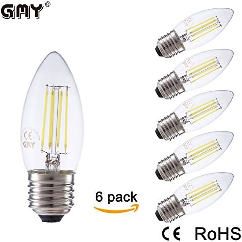 GMY Lighting® B35 Candle Filament LED Light Bulb 220-240V 3.5W E27 35W Equivalent 6500K Cool White 6Pack