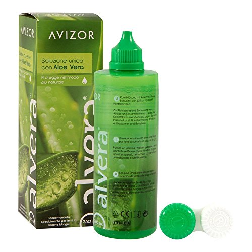 Alvera Produits d'entretien pour lentilles Avizor à l'aloe vera 350 ml avec étui à lentilles