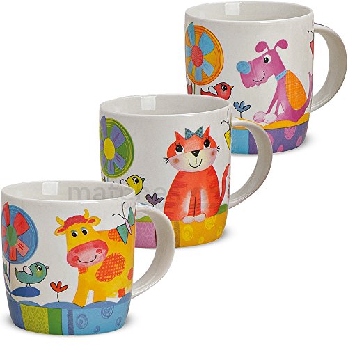 matches21 Süße Kindertassen Tassen / Becher für Kinder mit lustigen bunten Tiermotiven 3-tlg. Set aus Porzellan gefertigt, je 9 cm hoch / 300 ml