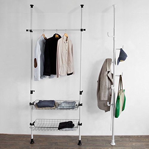 SoBuy® Garderobe, Kleiderständer, Garderobenständer mit 6 Haken, ohne Bohren Verstellbar, 214cm-275cm hoch, weiß, FRG159-W - 6
