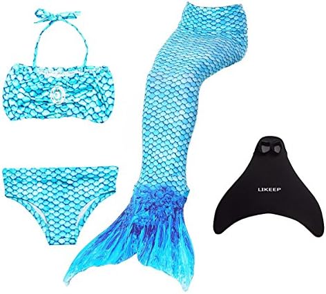Superstar88 4PCS Girls Mermaid Tail Swimsuit Sparkle Princess Bikini Swimwear (Blue, 130 (7-8 Years Old))
