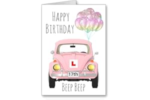 GFC 17th Birthday Card Learn to drive Learner Driver Pink Vw Beetle Car