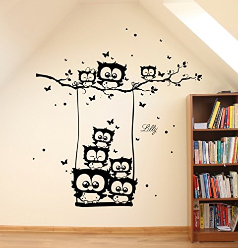 ilka parey wandtattoo-welt® Wandtattoo Wandsticker Eulenwandtattoo Eulen auf Schaukel Eulenbaum Eule mit Wunschnamen Schmetterlingen und Punkten Aufkleber Sticker M1577 – ausgewählte Farbe: *Schokobraun* ausgewählte Größe: *L 100cm breit x 100cm hoch - 5