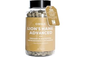 OMNIA Lion’s Mane 2000mg Tablets –15:1 High Strength Extract –with Ashwagandha, Organic Black Pepper & Vitamin B1 –180 Vegan Tablets –UK Made Brain Supplement for Focus & Clarity