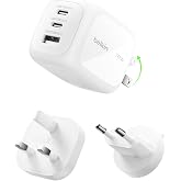 Belkin BoostCharge Pro 70W GAN USB-C Charger, 3 Ports &amp; Adapters | USB Plug, 2 USB-C and 1 USB-A Ports, UK and American Plug