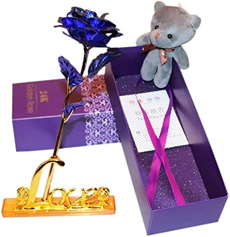 Valentine's Day Beautifully Gift Box - 24K Gold Foil Rose Artificial Flowers Home Decor/Plush Bear,Best Gift for Mother's/Teachers' Day,Wedding,Birthday,Christmas,Thanksgiving(Blue)