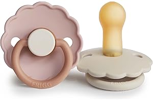 FRIGG Daisy Latex Pacifier Pack of 2 | Natural Rubber Soother Dummy | BPA-Free | Made in Denmark | Symmetrical Cherry Shaped Nipple (Biscuit/Cream, Size 2 (6-18 Months))