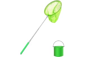 THT 1 Pack Kids Telescopic Butterfly Net Fishing Net Pond Net Extendable (14.5 to 33.8 Inches) With 1 Pack Folding Bucketfor Kids Catching Bugs Insect Small Fish Outdoor Beach Garden Activities (Green)