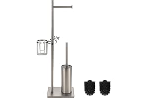 BGL Porta carta igienica multifunzione in acciaio inox con base pesante, autoportante, porta scopino WC e cestino angolare girevole a 360°, acciaio inox spazzolato