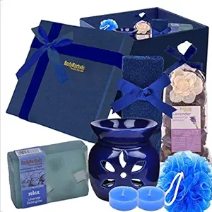 BodyHerbals Lavender Soap Spa Set - Stress Relief Bath & Body Care Kit (Lavender Bathing Bar 100gms, Face Terry Towel, Aroma Diffuser, Lavender Potpourri, Bath Puff, 2 Tea Lites) Skin Care Set & Kits