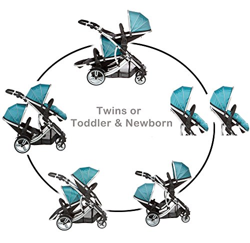 Duellette 21 BS Twin Double pushchair stroller Buggies Tandem 2 seat units, 2 Footmuffs and 2 rain covers, by Kidz Kargo Silver Chassis Teal Mist